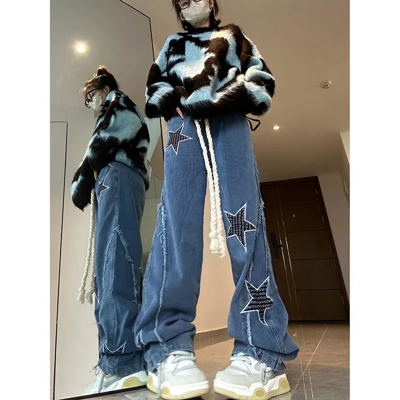 

Straight Denim Jeans Women High Waist Star Pattern Print Patchwork Long Trousers Y2k Fashion Streetwear Baggy Pants Women