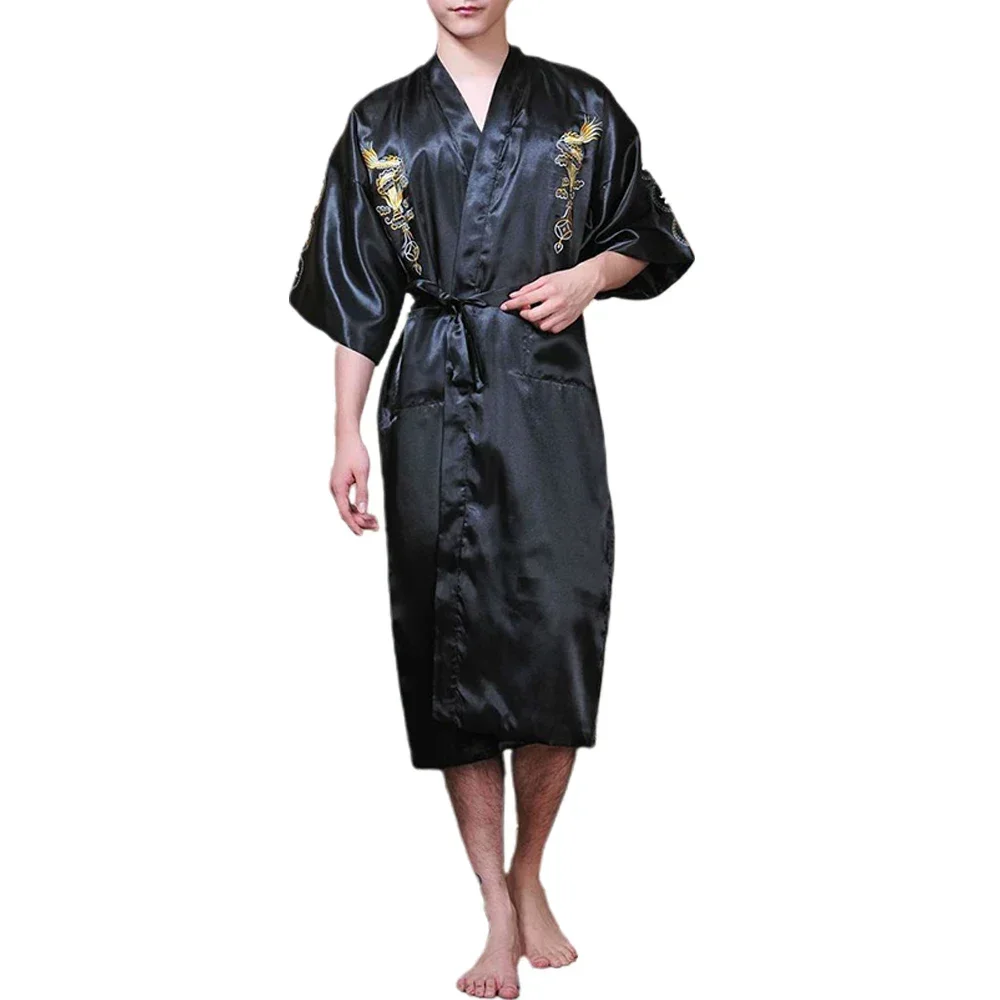 Men\'s Satin Robes Chinese Style Dragon Embroidery Kimono Silk-like Bathrobe Pajamas Sleepwear Gown Bath Robe