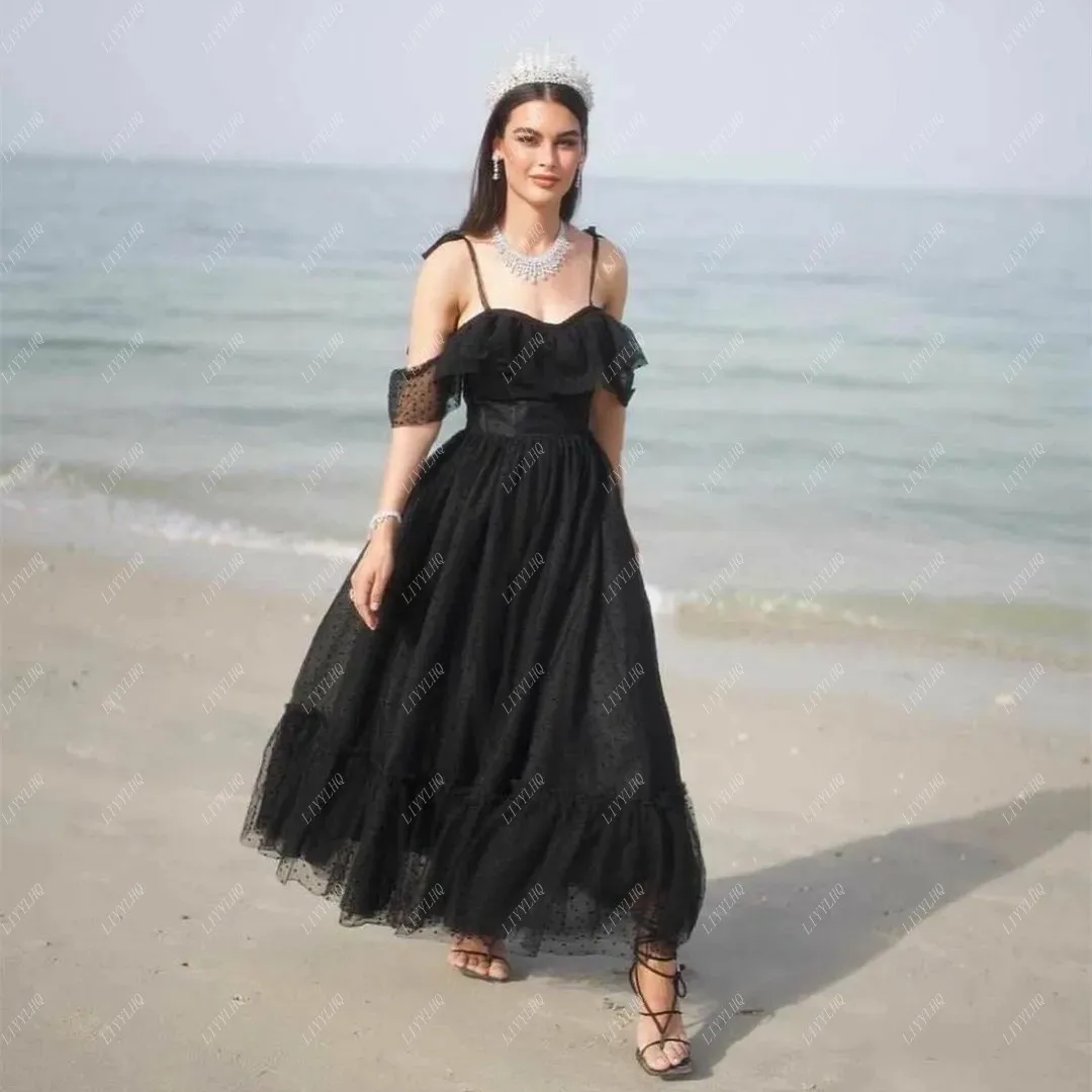 

LIYYLHQ Vintage Short Tulle A-Line Black Sweetheart Evening Dresses Spaghetti Ankle Length Prom Dresses Women Party Gowns