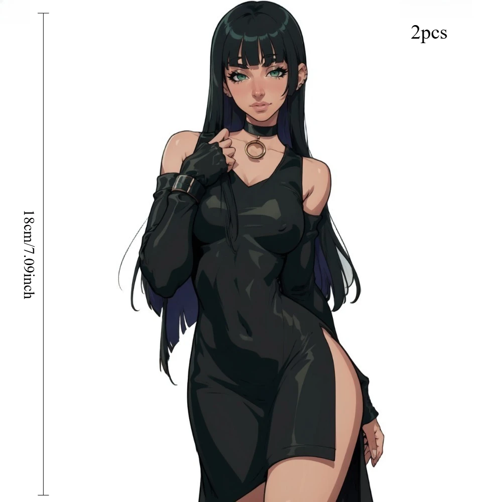 2Pcs Anime Long Black Hair Girl In Black Dress Vinyl Sticker Set,18cm Weatherproof Decal for Car,Motorcycle,Luggage,Window Decor