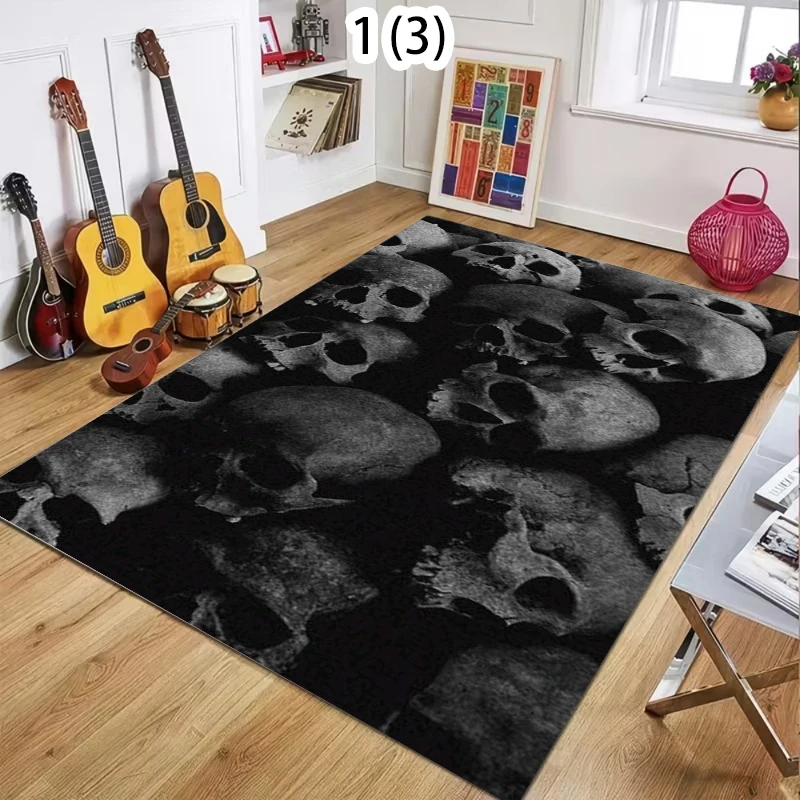Vintage Dark Skull Motif Area Rug with Artistic Monochrome Skeleton Design Durable Non Slip Floor Mat for Gothic Home and Lounge