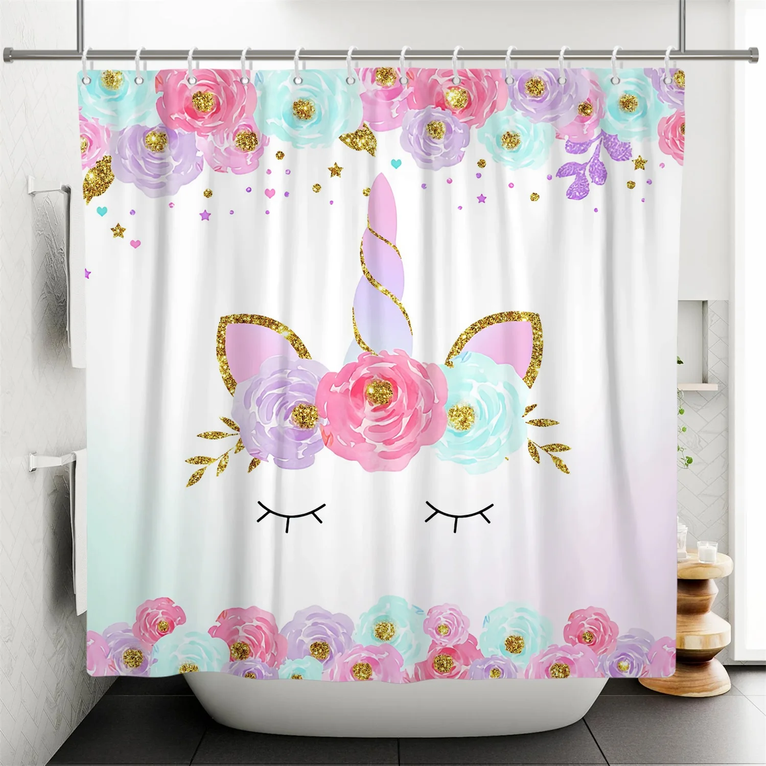 

Cartoon Unicorn Shower Curtain Girly Pink Blue Rainbow Cloud Balloon Waterproof Shower Curtain Bathroom Decor Fabric with Hooks