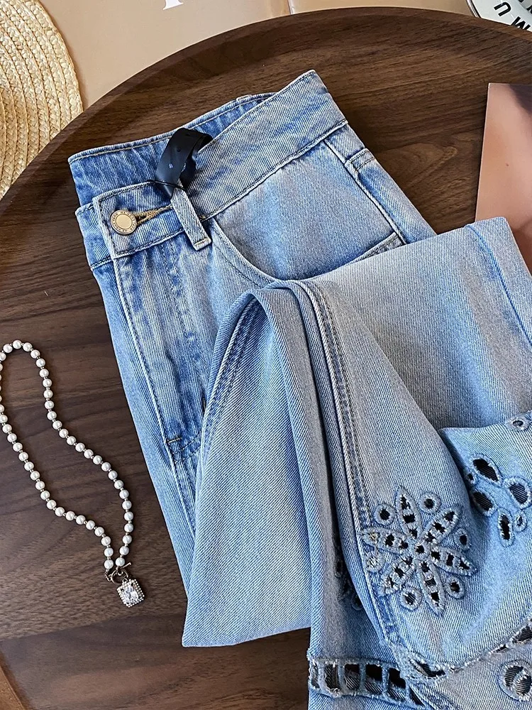 Herbst Frauen Blume Stickerei Aushöhlen Retro Denim Hosen Hohe Taille Streetwear Breite Bein Jeans Lose Fit Beiläufige Lange Hosen