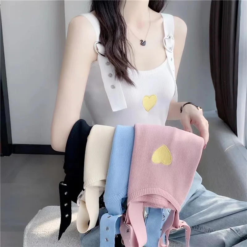 

2024 Women Knitted Crop Top Adjustable Shoulder Strap Heart Print Camis Summer Sexy Sleeveless Tank Tops Female