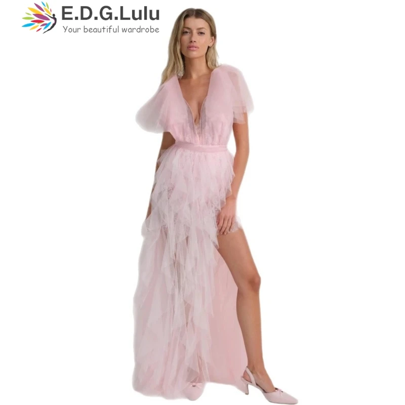 Edglulu doce praia férias manga curta vestido rosa mulher rendas retalhos malha em camadas plissado borda solta vestidos longos 1109