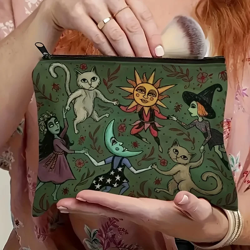 Magic Forest Night Makeup Bag – Deep Green Enchanting Witch, Cat & Moon Design – Multi-Functional Zipper Pouch for Cosmetics, Pe