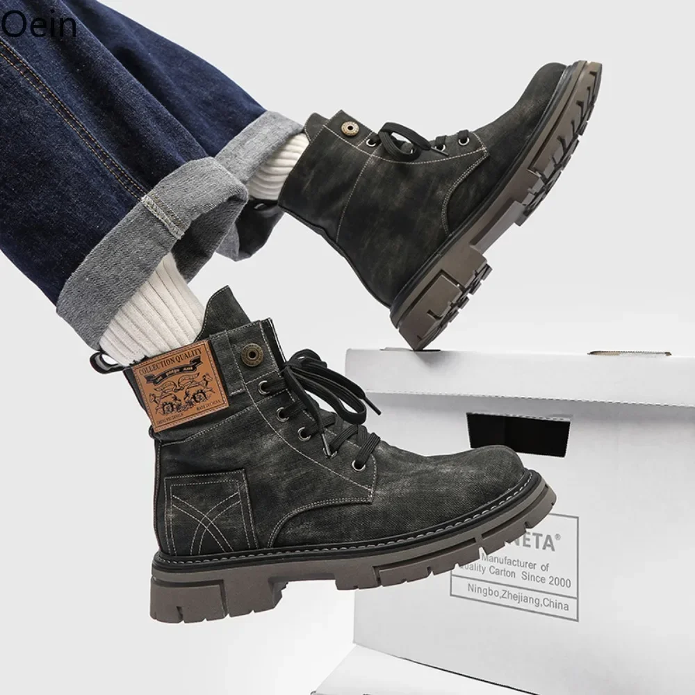 Mens Round Toe Denim Jeans Ankle Boots Platform Oxfords Lace Up Retro Shoes Punk Motorcycle Vintage New 2024