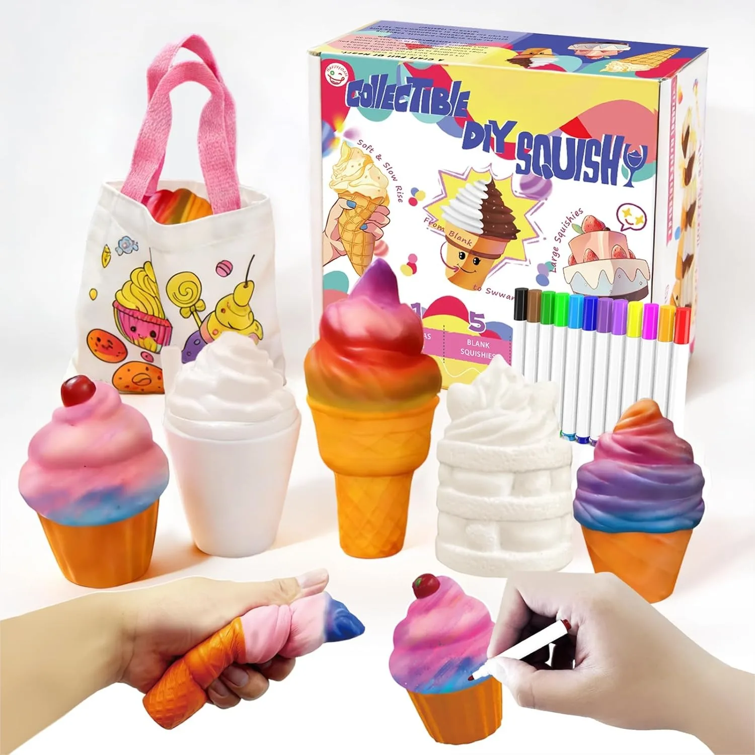 

DIY Squishy Coloring Kit With 12 Markers 5 Ice Cream Squishies For Kids Ages 3-12 Birthday Gifts Art Project Supplies Sensory Squeeze Toys