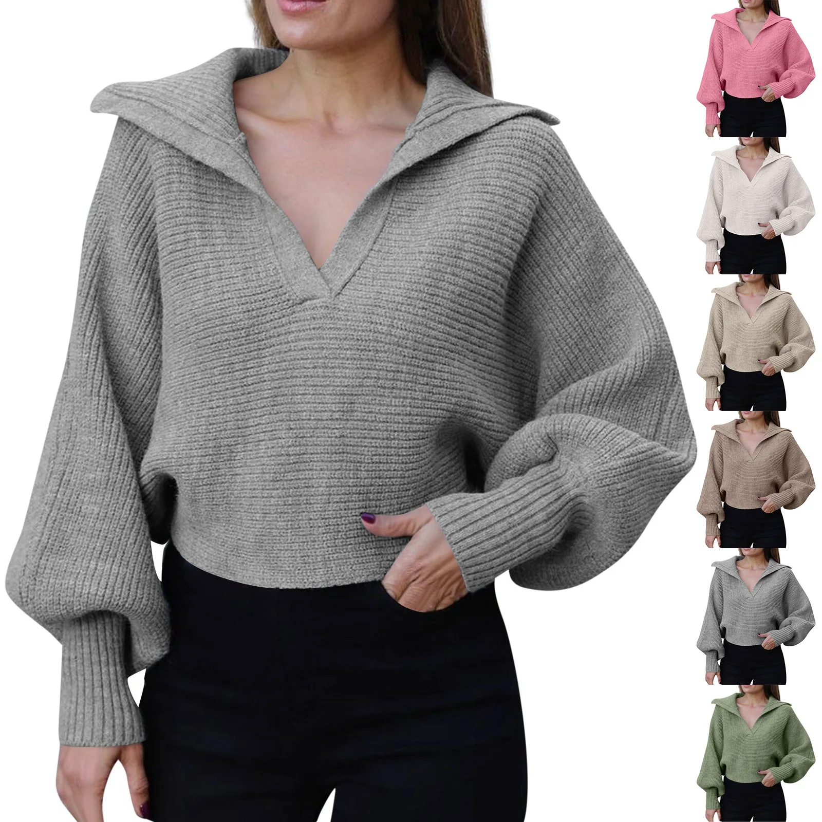 المرأة الخامس الرقبة فانوس كم طويل سترة بلون عادية متماسكة البلوز العصرية الخريف الشتاء المحاصيل البلوز للسيدات #2