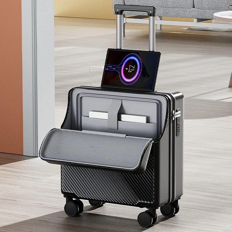 Maleta de viaje con apertura frontal de 18 pulgadas, Maleta con contraseña para equipaje, Maleta de embarque de cabina con puerto de carga USB, portavasos