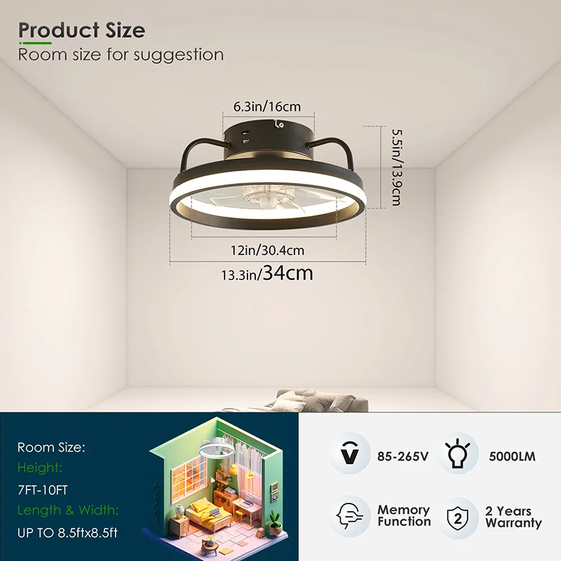 Low Profile Ceiling Fans with Lights and Remote, 3000K-6500K Dimmable Fandelier LED Fan Light Bladeless Ceiling Fan for Bedroom