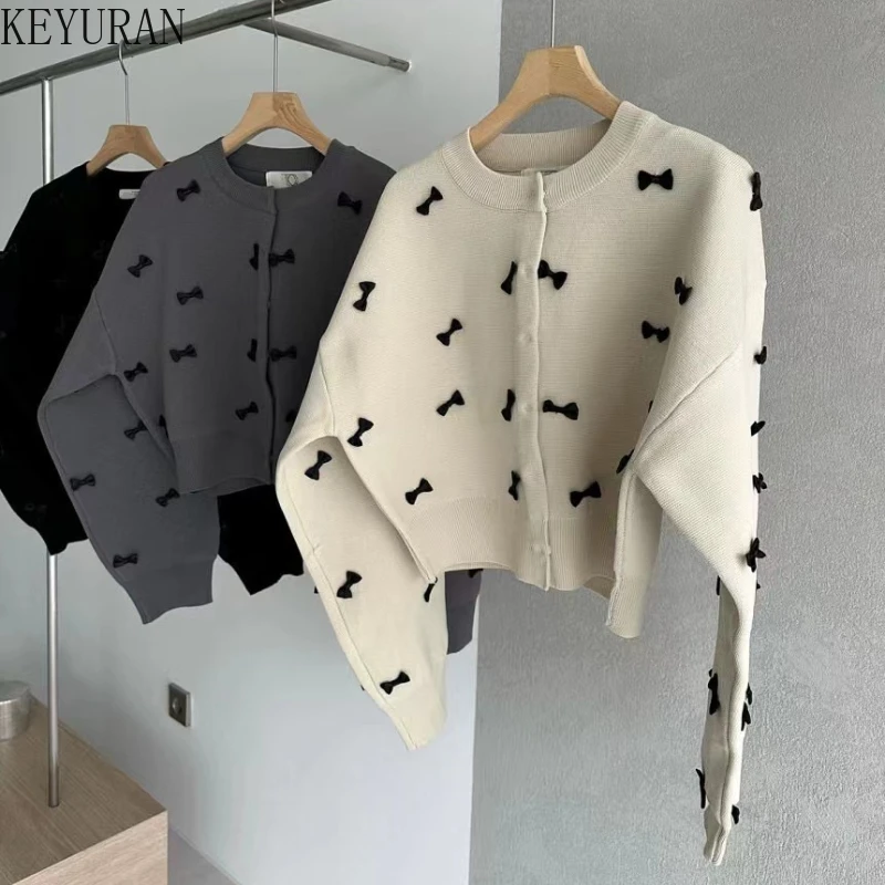 Korean 3d Bow Knitted Cardigan Women's 2024 Autumn Winter New Round Neck Long Sleeve Single Breasted Sweater Outerwear Crop Tops