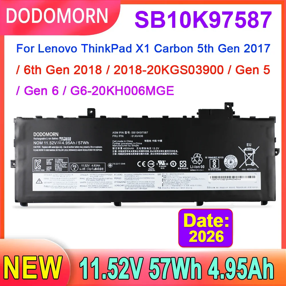 Batería para ordenador portátil 57Wh 11,52 V 01AV430 para Lenovo ThinkPad X1 Carbon 5ta generación (X1 Carbon 2017) 2018-20KGS03900,G6-20KH006MGE