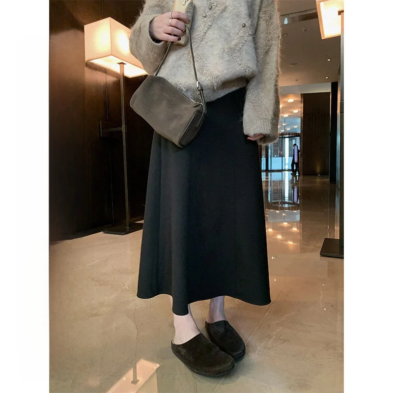 

Шелковая шерстяная юбка-миди из восьми частей для женщин, приталенная, для повседневной носки, с высокой талией, А-силуэт, однотонная, зима 2024
