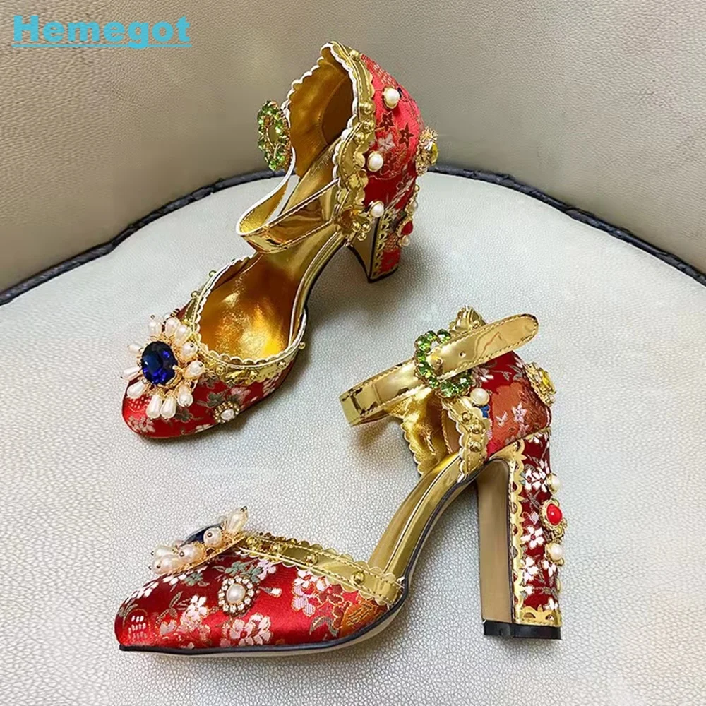 Gem Pearl Crystal Flower Embroidered Sandals Pointed Toe Chunky Block Heel Ankle Buckle Luxury Baroque Style Women Shoes Summer