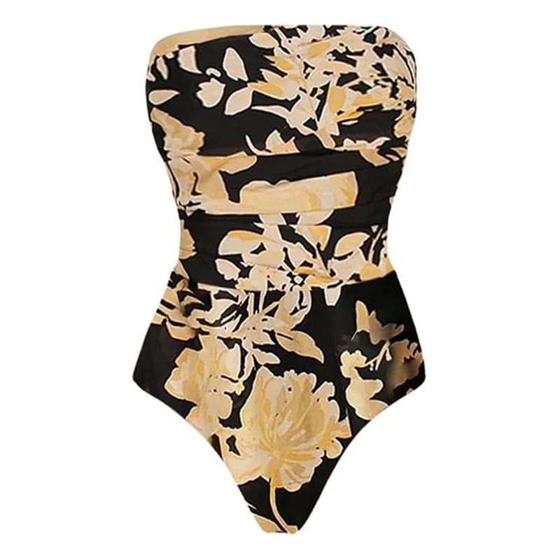 Traje de baño Vintage de una pieza con estampado de flores y hombros descubiertos para mujer, traje de baño de cintura alta, conjunto de Bikini para la playa