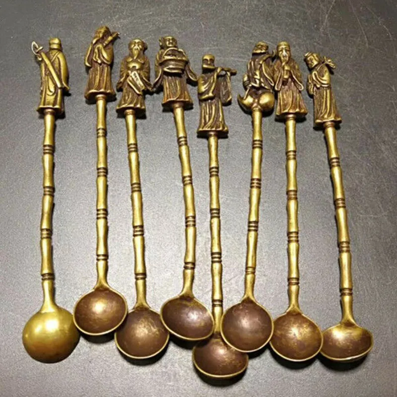 Chinese Old Brass Handmade Carved Eight Immortals Small Spoon 8 Pieces