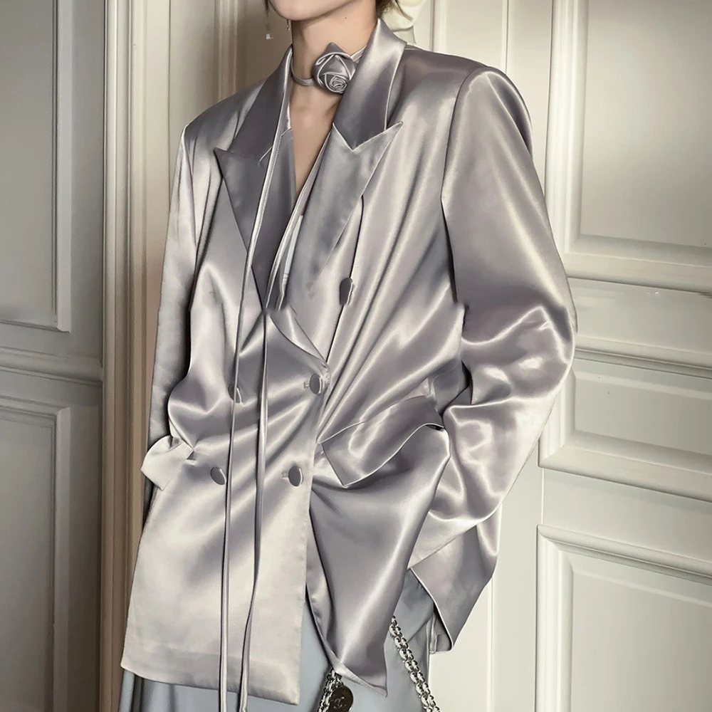 

French retro satin high-end suit jacket for women in the spring of 2024, with a relaxed, casual and fashionable Korean style