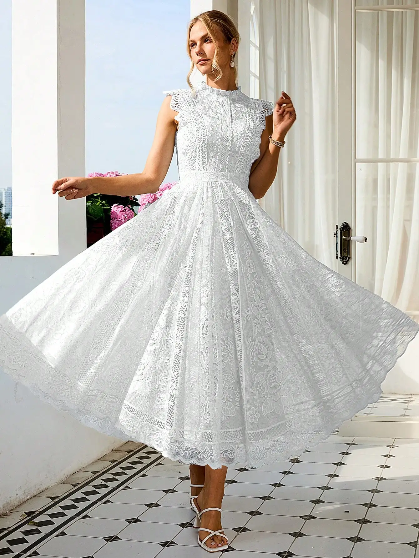 

White Floral Lace High-Neck A-Line Midi Dress For Women – Sophisticated Summer Party, Wedding Or Celebration Wear