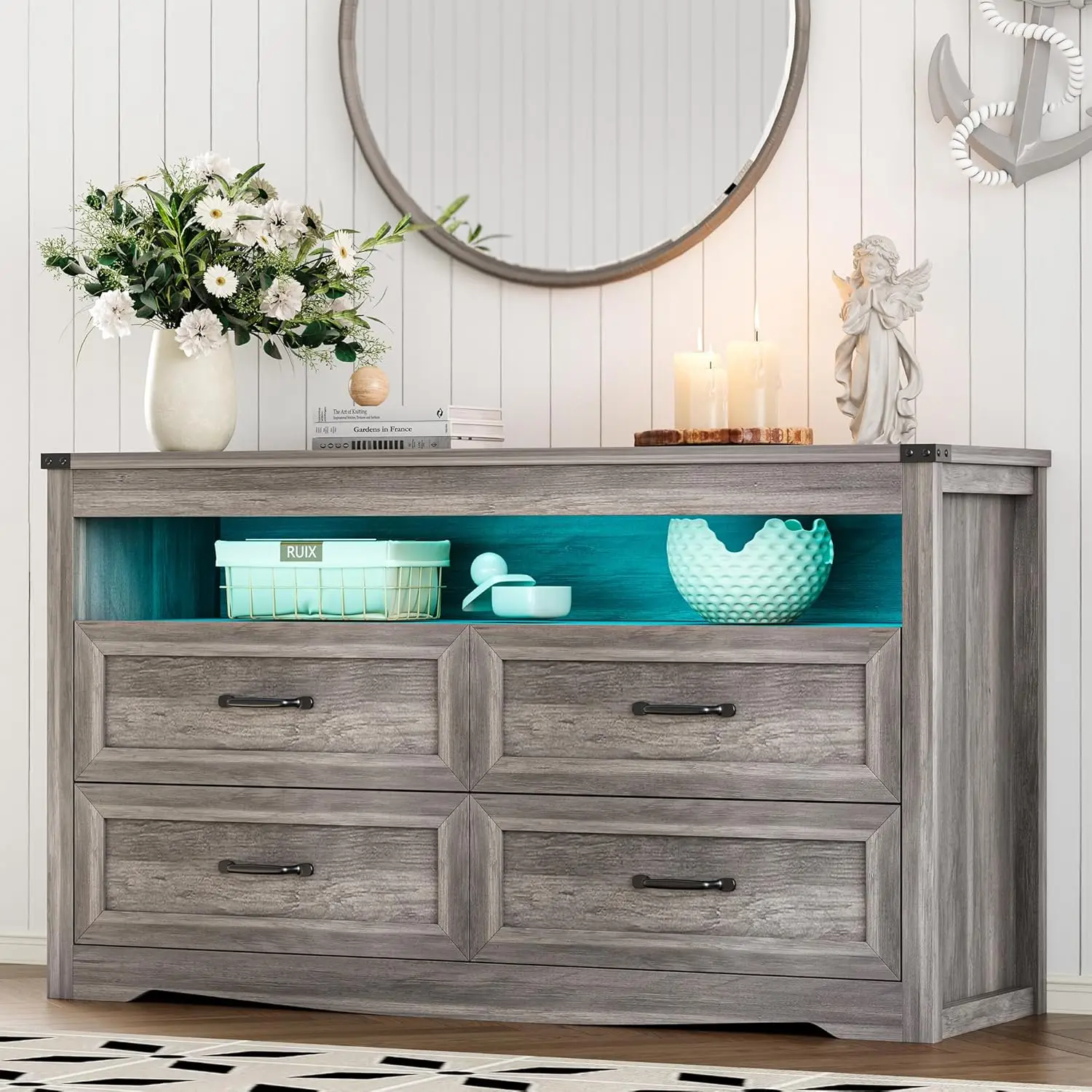 4 Drawer Dresser Bedroom Farmhouse LED Natural Wood Wide Rustic Storage TV Stand Entryway Grey, Customized