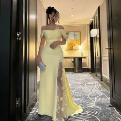 Off Shoulder Evening Dress High Split Prom Dresses Yellow Flowers Pleated Sequins Floor Length Saudi Arabia Party Dresses 2024