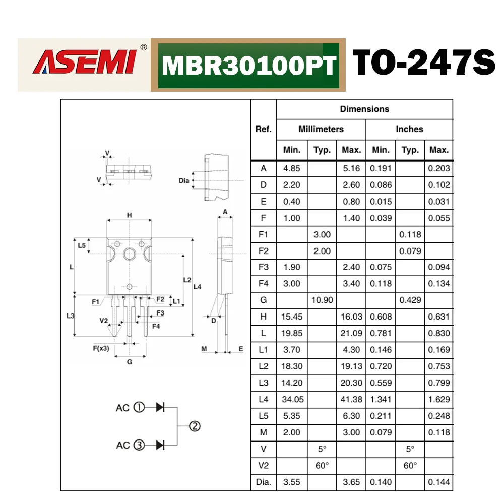 MBR30100PT 30A 100V Schottky Barrier Rectifier Diode Dual Common Cathode