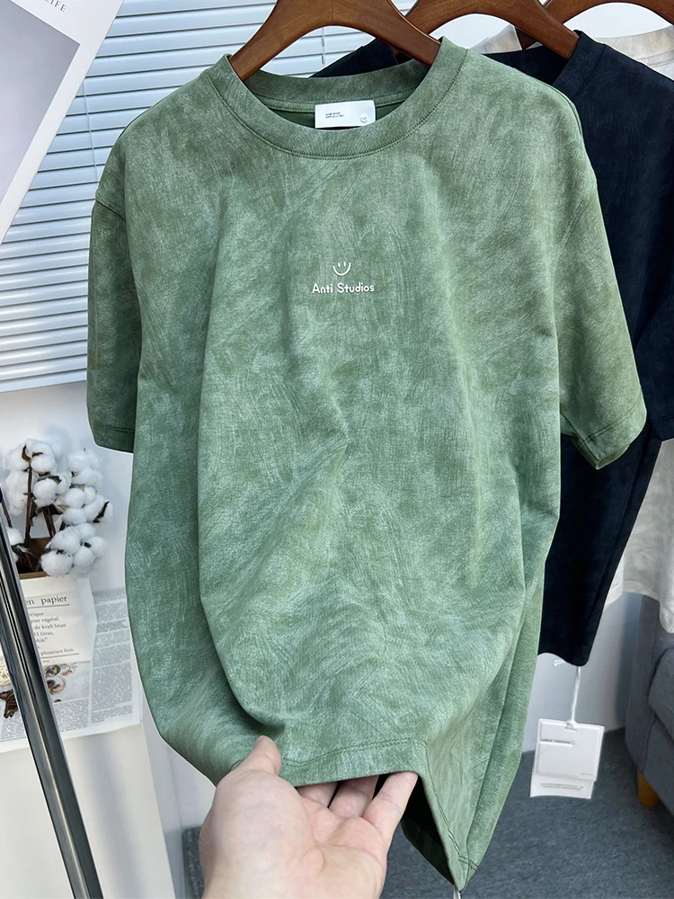 

Мужская свободная повседневная футболка с коротким рукавом, окрашенная в технике тай-дай, спортивная базовая футболка, быстросохнущая, из смеси хлопка и полиэстера, с круглым вырезом