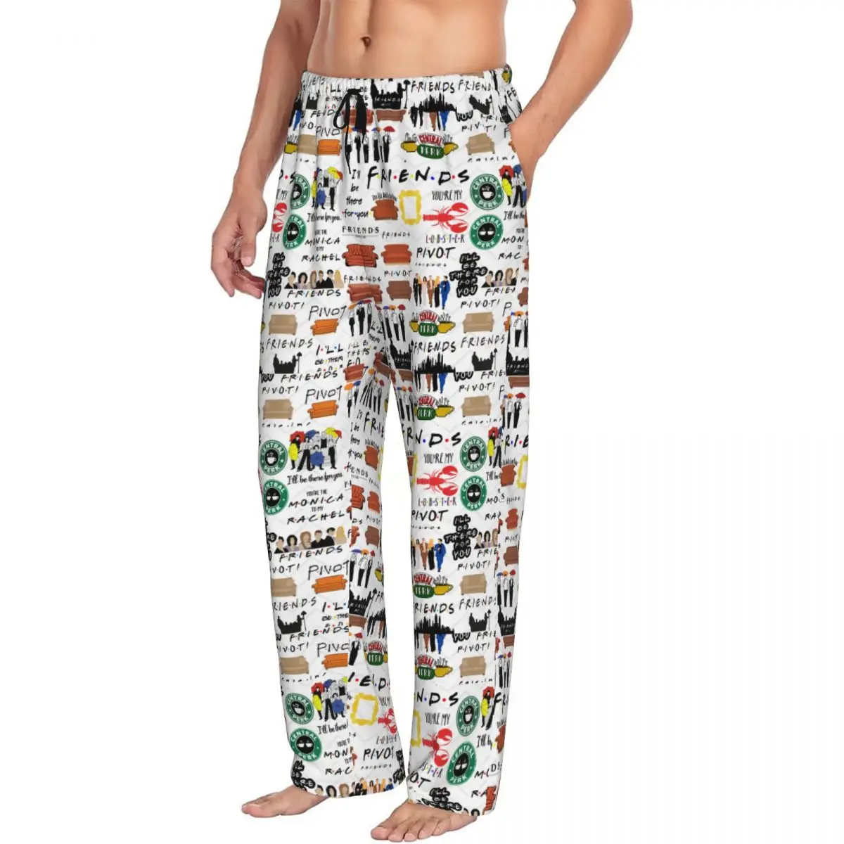 Calças de pijama com colagem de símbolos de amigos vintage com impressão personalizada para homens programa de TV Calças de dormir para dormir com bolsos