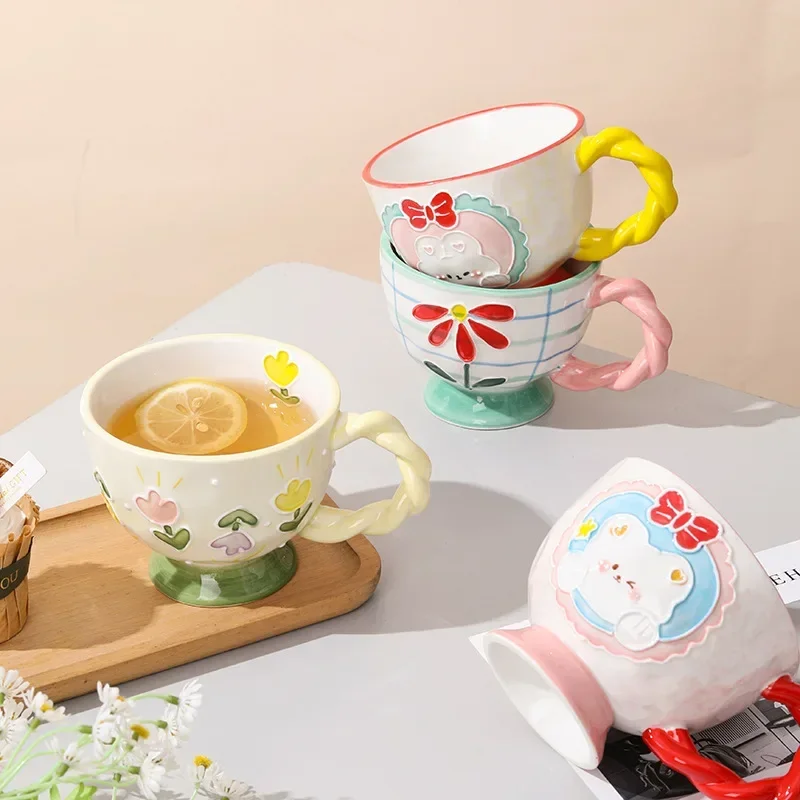 1pc 450ml Ceramic Hand-painted Embossed Breakfast Mugs Large Capacity Oatmeal Cups Cute Creative Milk Cups Coffee Cups Gifts