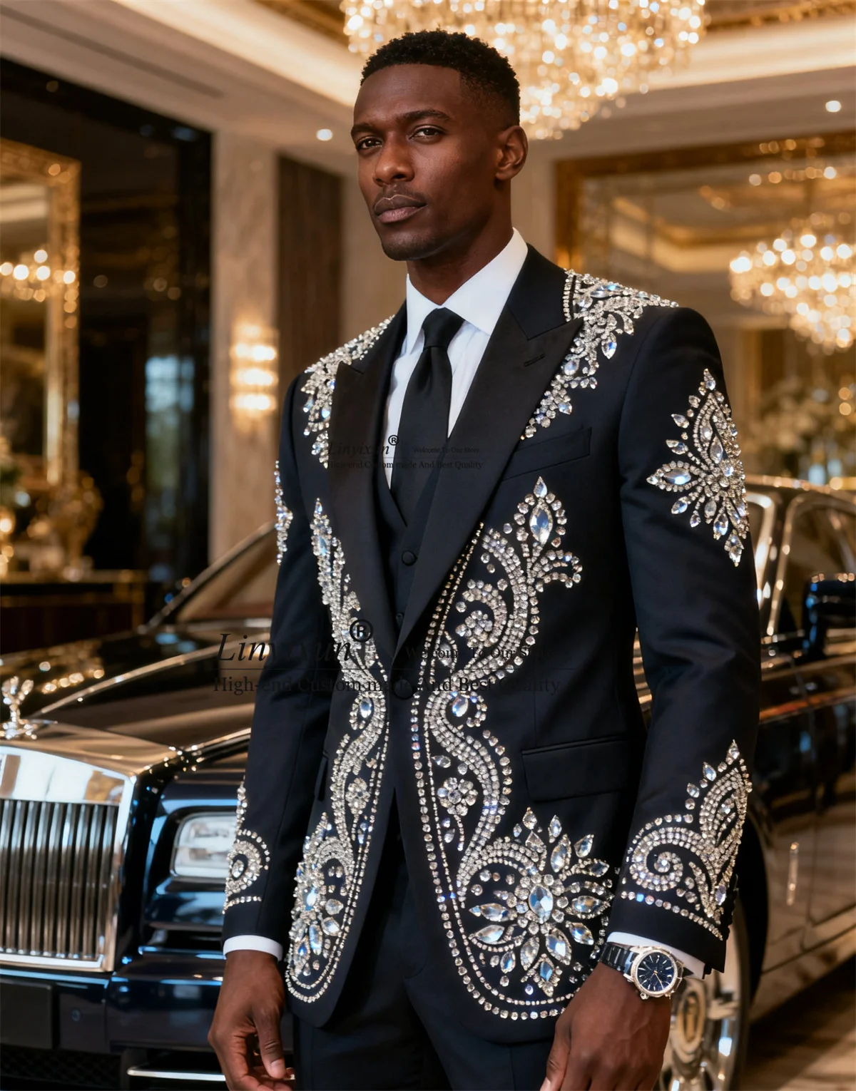

High End Rhinestones Diamond Men Suits 3 Pieces Sets Wedding Tuxedos Slim Fit Customized Groom Party Blazers Ropa Hombre