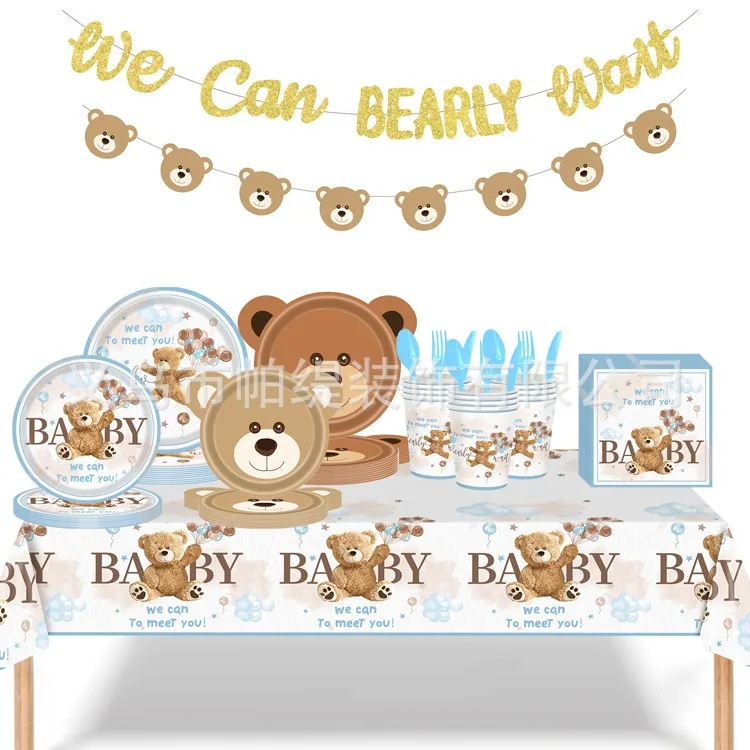 Babyshower Bear Disposable Tableware Cartoon Brown Bear Paper Plates Napkin Cups Happy Kids 1st Birthday Party Decor Babyshower