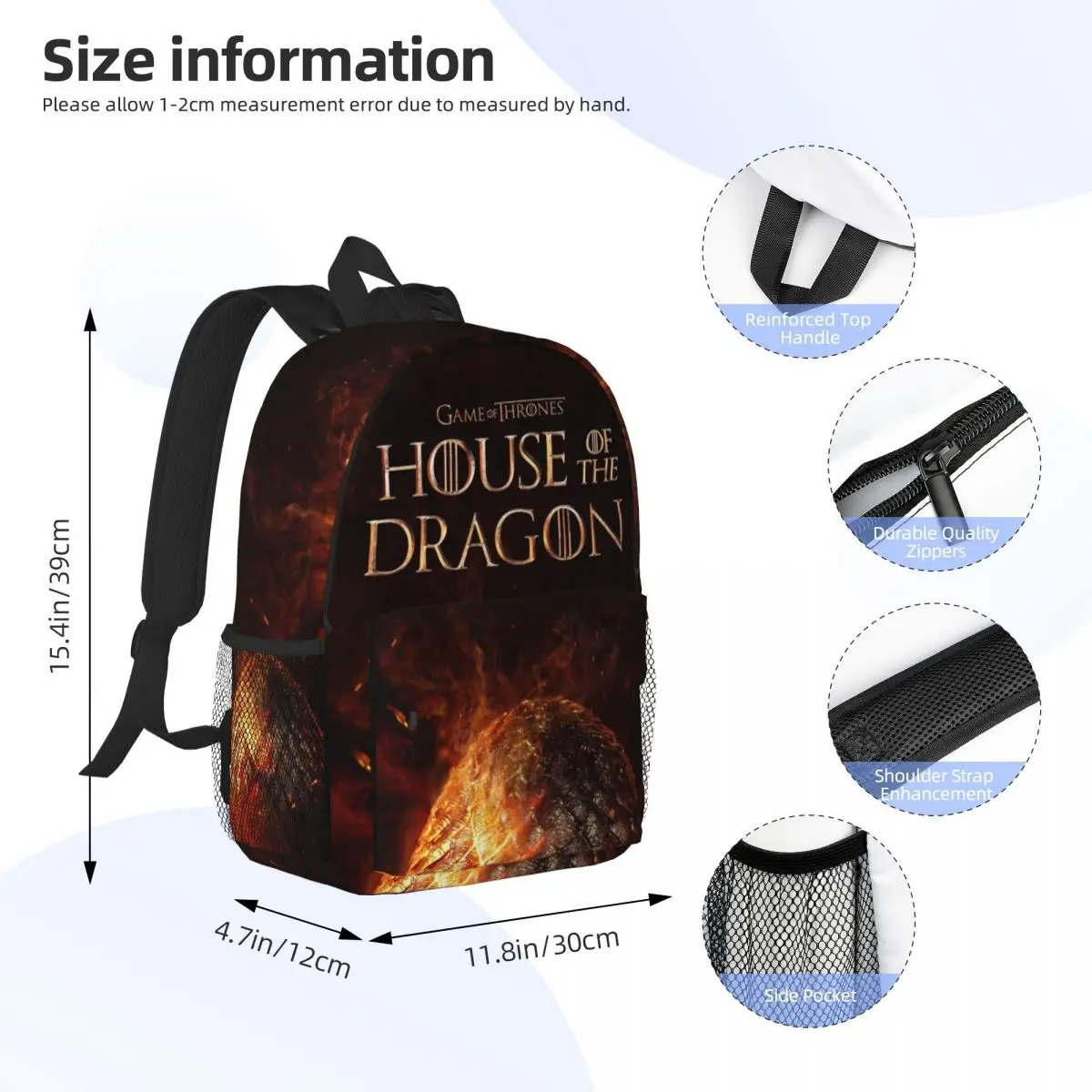 House Dragon Printed Lightweight Casual Schoolbag For School, Outdoor, Shopping, Office 15inch