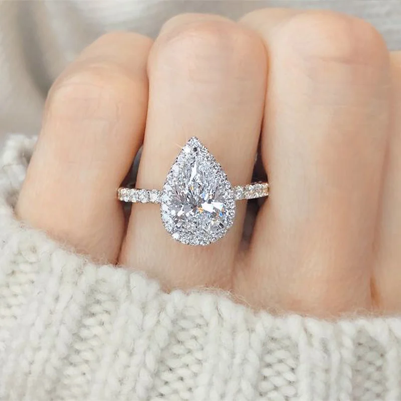 CAOSHI Fashionable Female Engagement Rings with Shiny Drop-water Shape Crystal Temperament Accessories for Wedding Ceremony