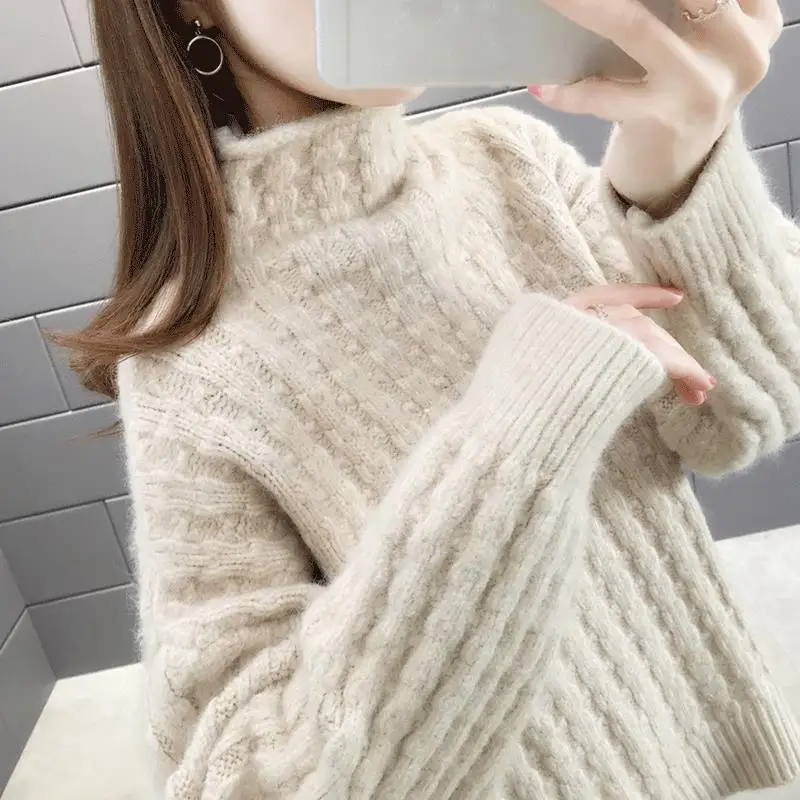 

Women's Clothing Autumn New Casual Pullovers Loose Sweet Tops Fashion Turtleneck Knitted Solid Color All-match Sweater