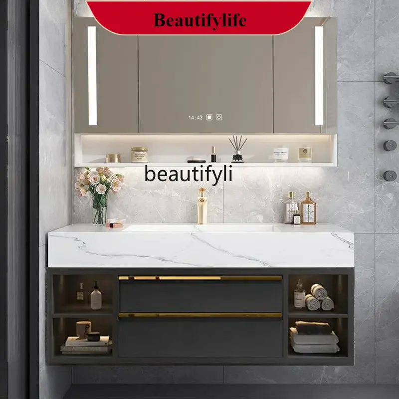 

F185 Modern Light Luxury Stone Plate Bathroom Cabinet Combination Bathroom Smart Washstand Washing Machine Cabinet