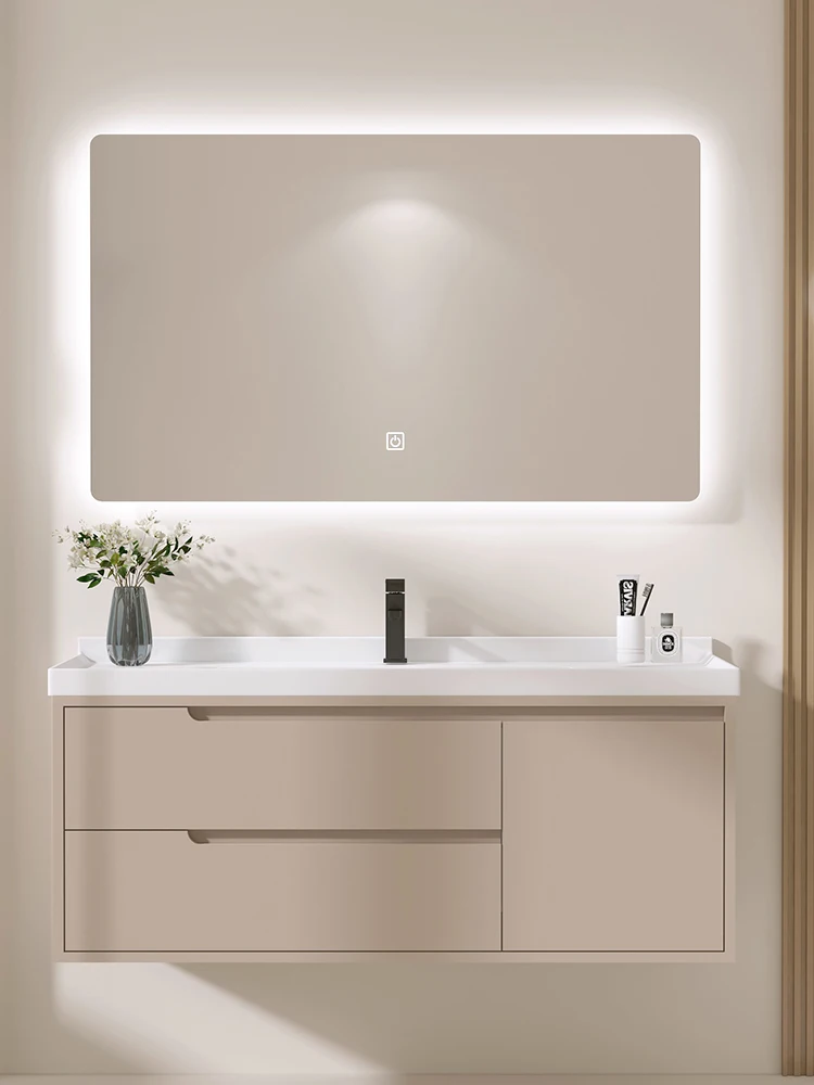 New cream style bathroom cabinet ceramic integrated basin smart mirror hand washing basin cabinet combination washstand