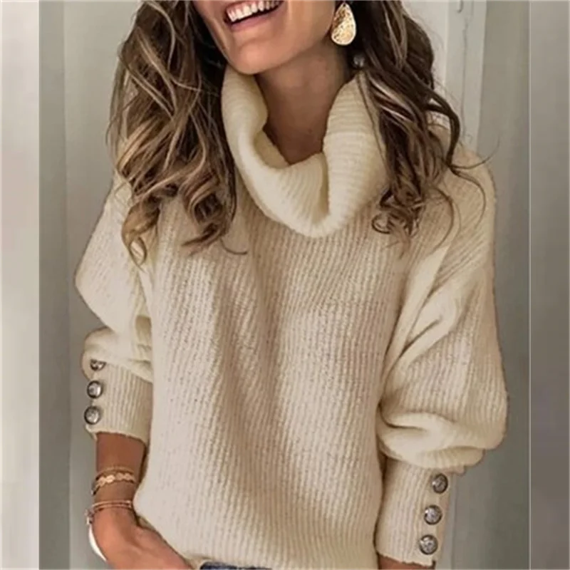2024 Fashion Button Decoration Lantern Long Sleeve Knitwear Women Turtleneck Sweater Female Solid Color Pit Stripes Knitted Tops