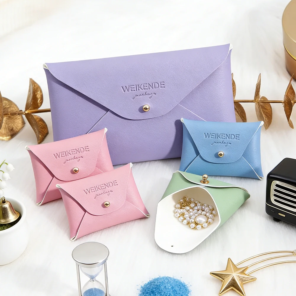 

100Pcs DIY Violet PU Leather Bag 7x5cm 10x7cm Fashion Jewelry Storage Rivet Bags Custom Logo Necklace Earring Ring Organizer Box