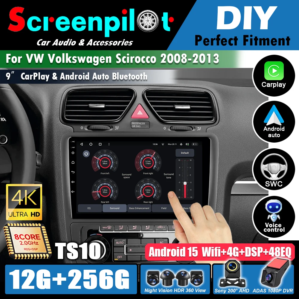 Autoradio Android 16 pour VW Volkswagen Scirocco 2008-2013, multimédia 5G WIFI, Carplay, GPS, lecteur de navigation, stéréo DSP