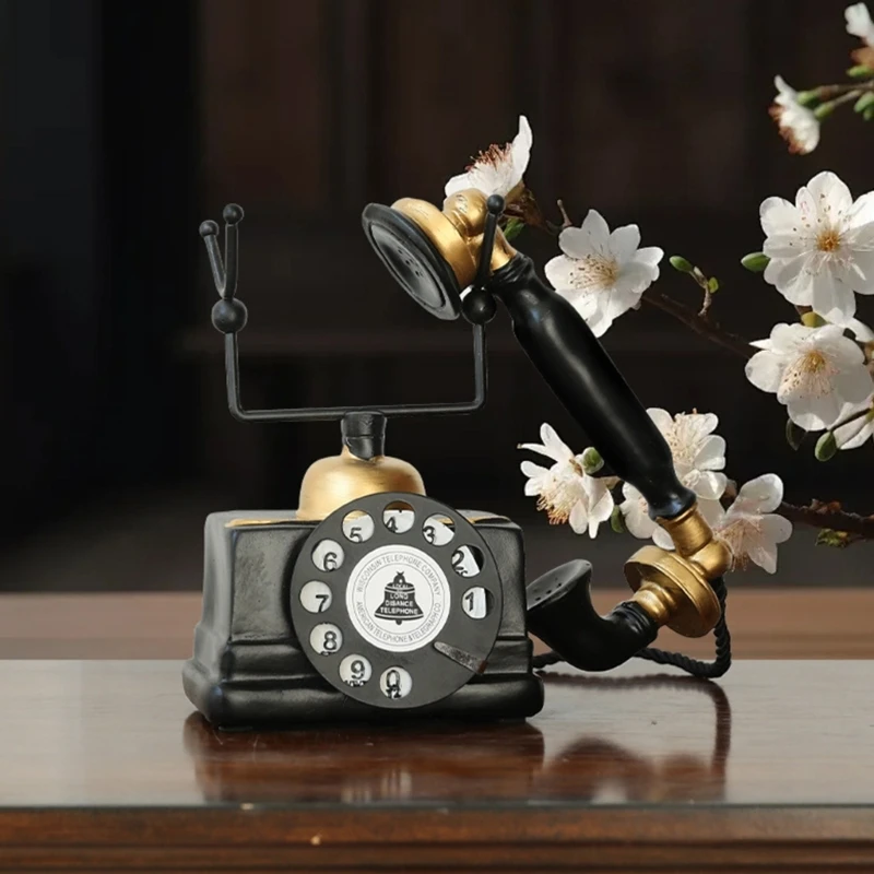 Nostalgic Rotary Dials Phone Figurine, Distressed Antique Resins Corded Landline Telephone Replicas Model for Desk Shelf Y5GB