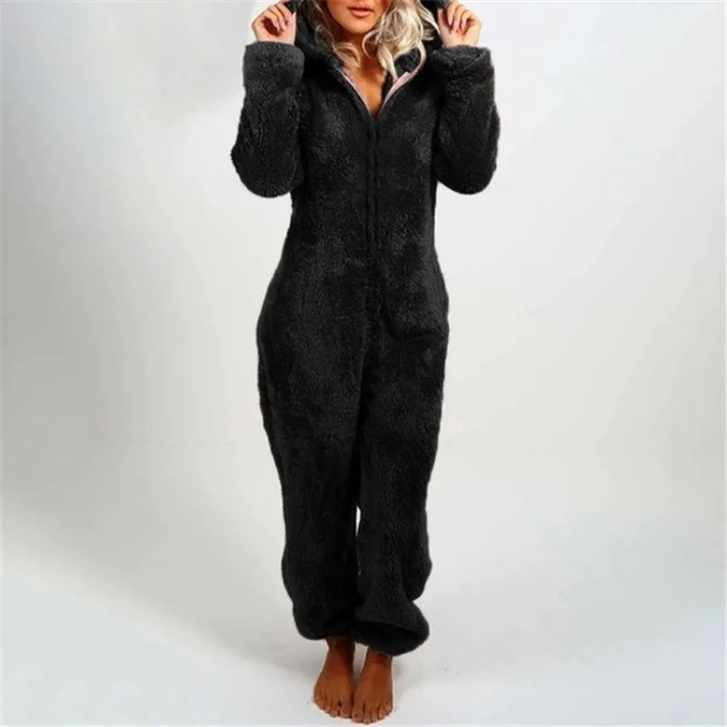 Plus Size Zipper Onesies for Women Fluffy Fleece Hooded Pajamas for Women Winter Warm Plush Sleepwear Loungwear Jumpsuits