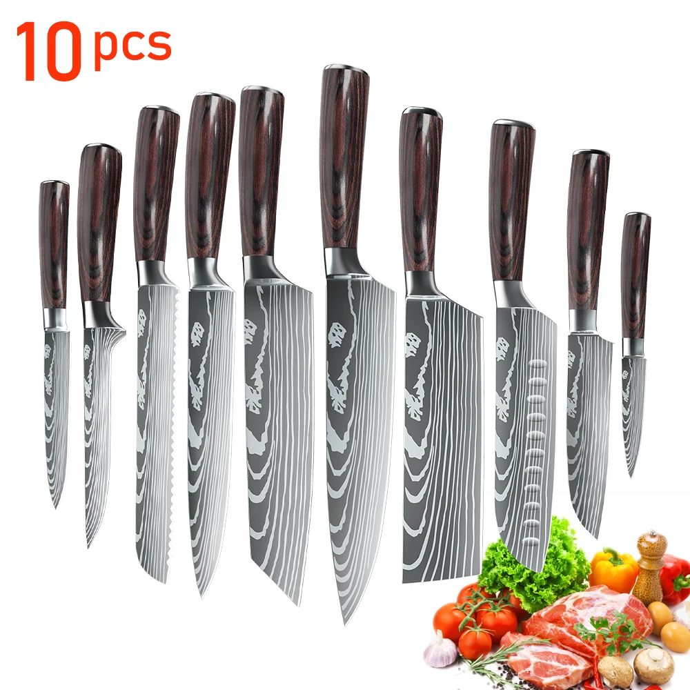 Juego de cuchillos de cocina profesionales, Set de cuchillos de Chef de acero inoxidable de alto carbono, 10 piezas, 7CR17 440C, cuchillo de deshuesar Santoku, estuche de regalo