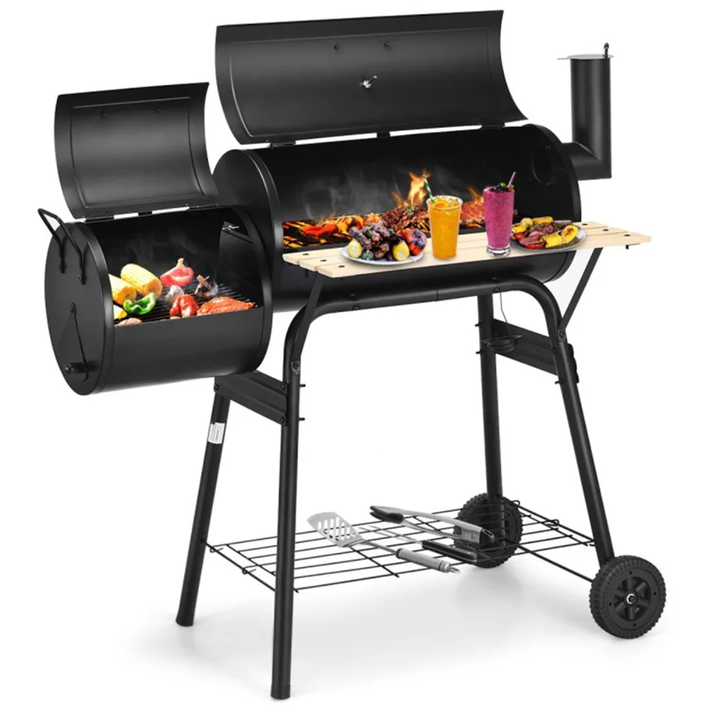 

Heavy-Duty Outdoor BBQ Grill,Black Coated Steel Body, Built-In Thermometer,Rolling Wheels & Spacious Storage for Family Grilling