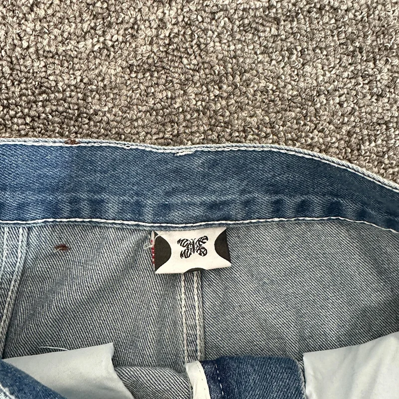 Celana Jeans Pendek Kasual Pria Wanita Model Patchwork Splicing Biru Kualitas Terbaik Bordir Logo Mertra Denim Dengan Label