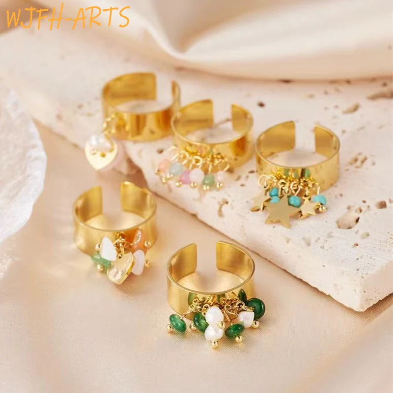 

WJFH-ARTS 316L Stainless Steel Colorful Stone Inlay Star Heart Multi-Charm Open Ring For Women Exquisite Waterproof Jewelry Gift