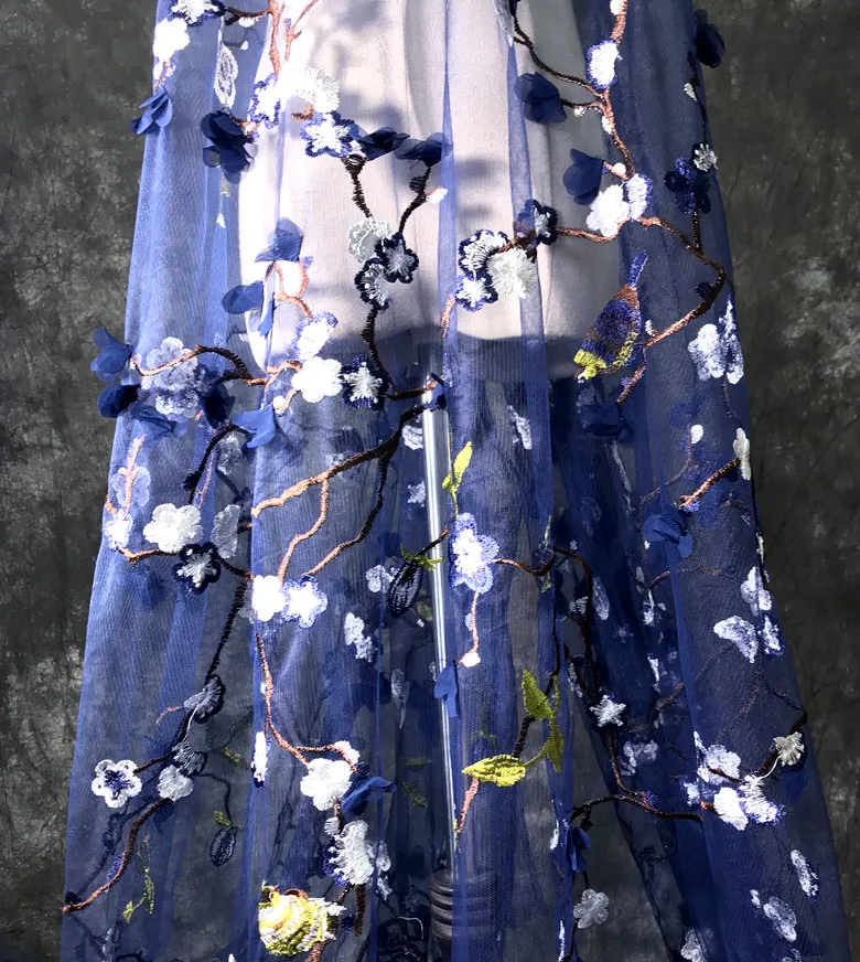 Red 3D chiffon flower plum blossom bird embroidery mesh fabric gift clothing fabric