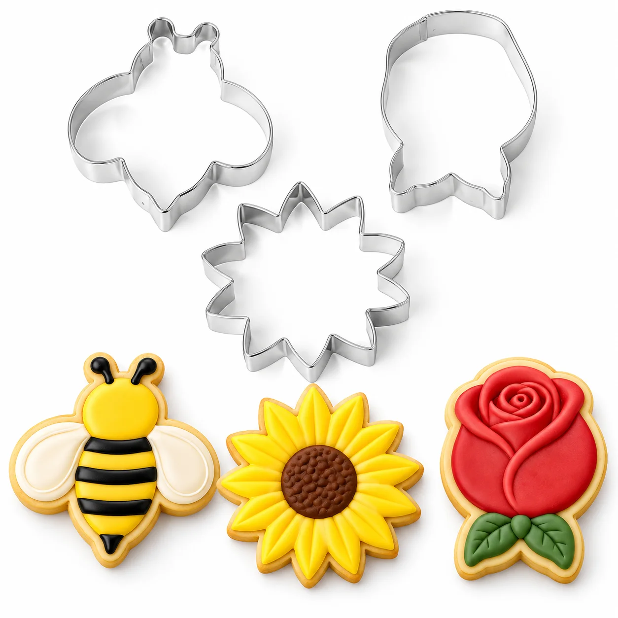 3PCS Bee Flower Cookie Cutter Set Food Safe Stainless Steel Nonstick Easy Demold Molds for Fondant Cake Garden Party Home Baking