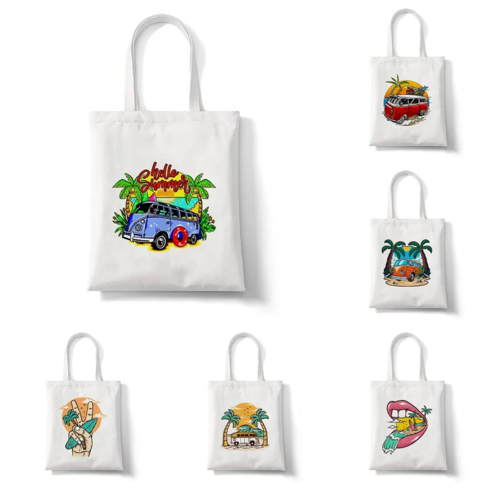 

Vintage Bus Palm Tree Women's Handbag Canvas Shoulder Bag Eco Large Capacity Portable Travel Shopping Bag Schoolbag Easter