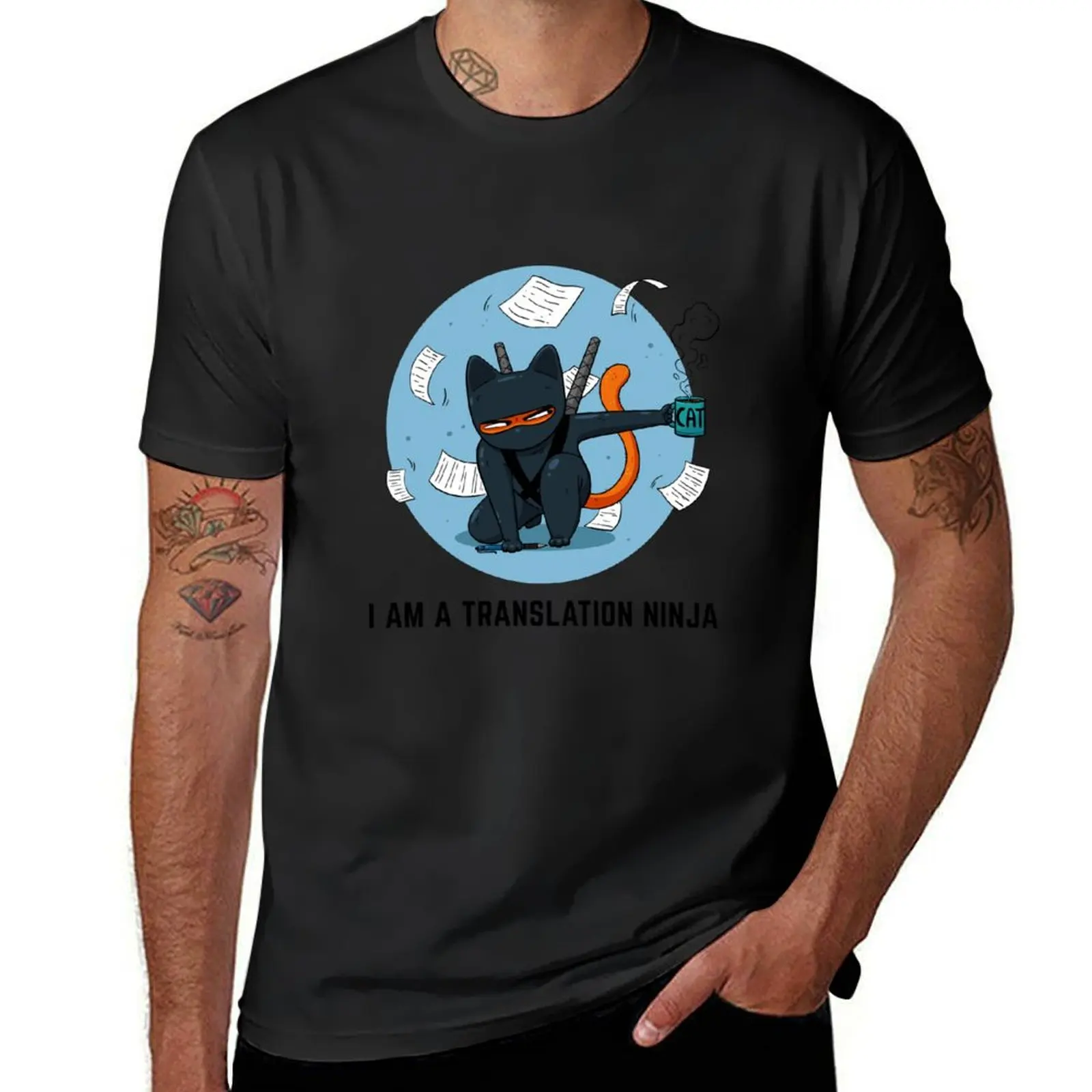 Blue Ninija cat with a cup of coffee I am a translation ninja T-Shirt Blouse summer tops blanks quick-drying Men's clothing