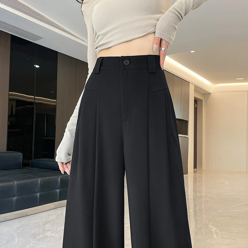 2025 Nowość Wiosna Lato Szerokie nogawki Spodnie dla kobiet Eleganckie Solidne Biuro Lady Koreańskie Kieszenie Damskie Luźne Spodnie Damskie